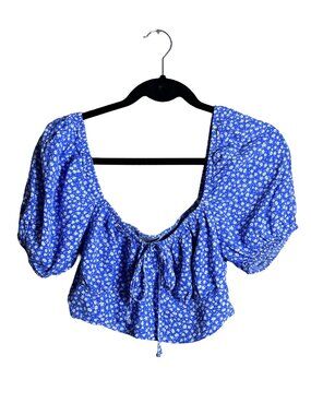 DeFacto Floral Crop Top Blue‎ Boho Puff Sleeve L